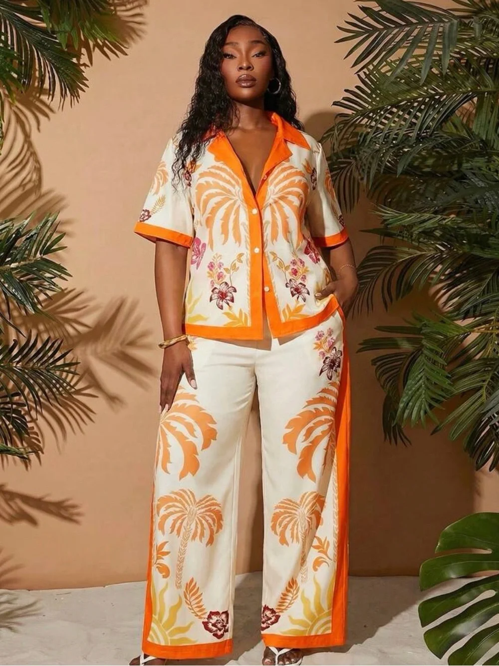 Women’s Orange Palm-Print Wide-Leg Jumpsuit Set